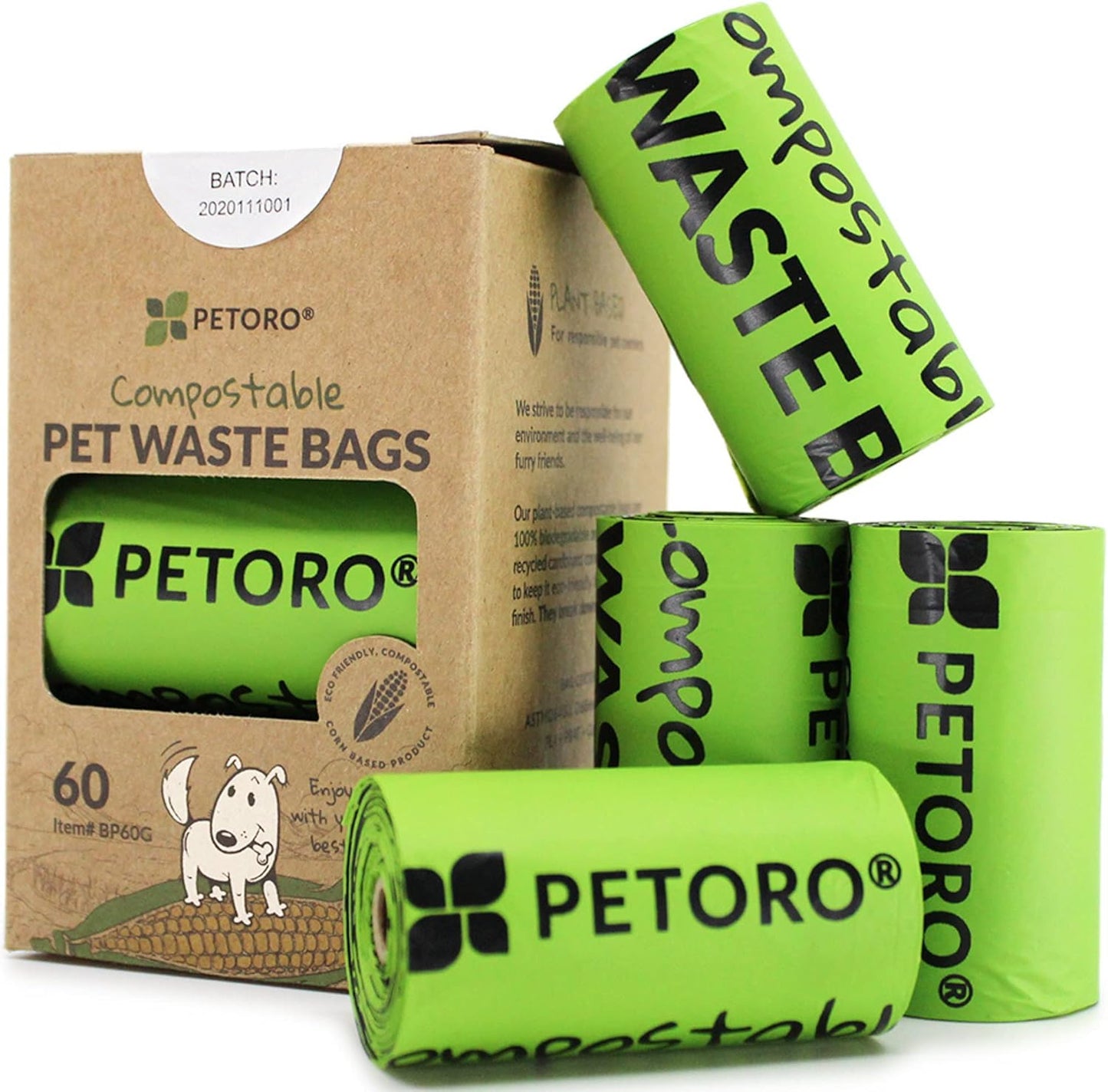 Eco-Friendly Compostable Dog Poop Bags - 60 Count, Extra Large, Durable & Leak Proof, BPI Approved, Unscented, Corn Based