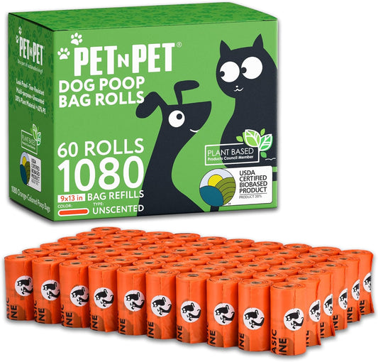 Eco-Friendly 1080 Count Orange Dog Poop Bags - Extra Thick, Unscented, 38% Plant-Based, 9" x 13" Rolls for Dogs and Cats